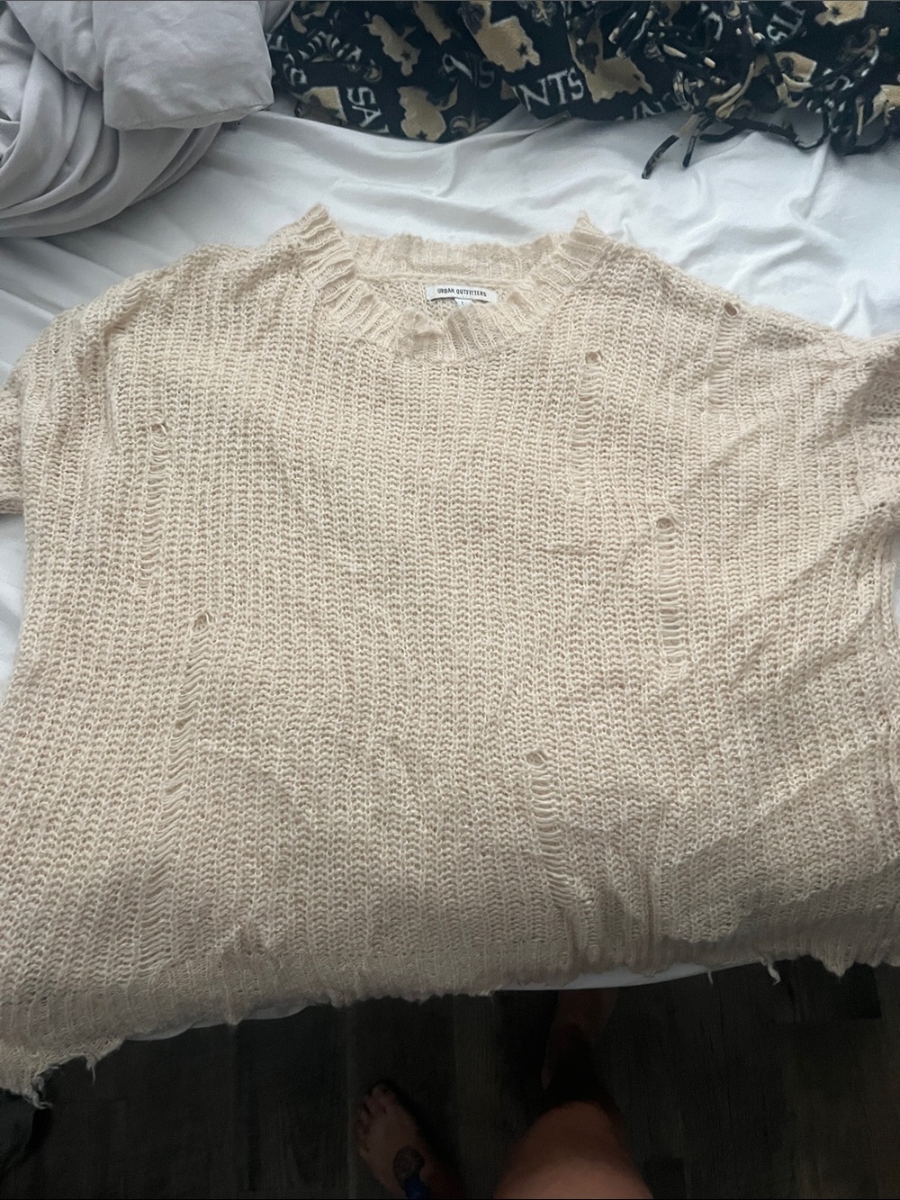 Urban Outfitters Cream Distressed Open Stitch Crewneck Sweater